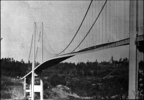 The Tacoma Narrows Bridge, aka "Galloping Gertie," twisting in the wind.