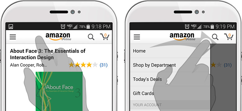 Swiping left to right on the Amazon app reveals its sliding drawer navigation.